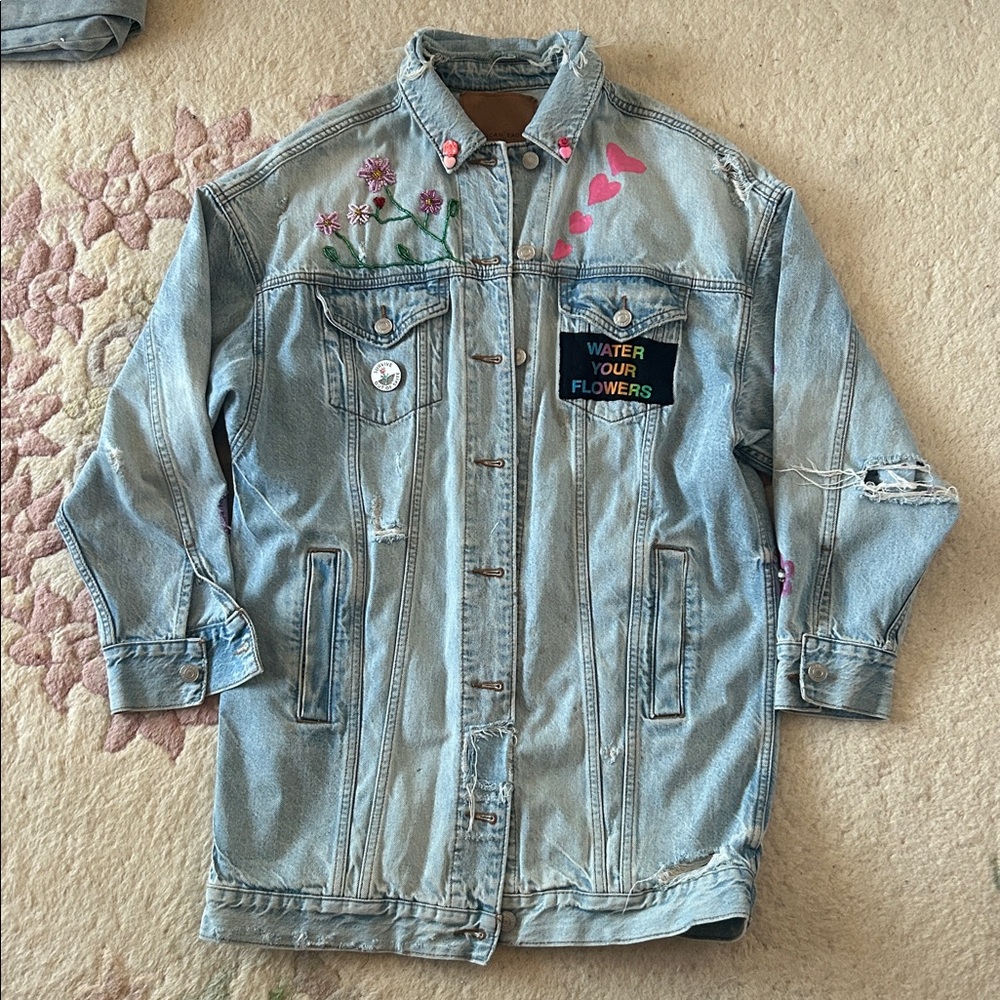 American Eagle Oversized Denim Jacket w Embroidery Recycled Patches Upcycled